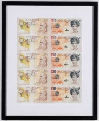 Banksy geb. 1974 Bristol, 5 Di-faced Tenner,Offset-Lithografie, 37,5x28,5 cm, PP, unter Glas gerahmt