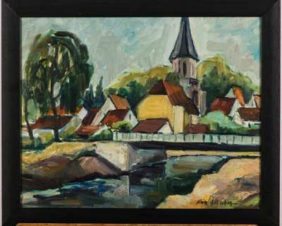 Mia Leinberger, 1917-2008 Karlsruhe, Dorfkulisse mit Bachlauf, Öl/Hartfaser, sign.,1970/80, 40x50 cm, unter Glas gerahmt
