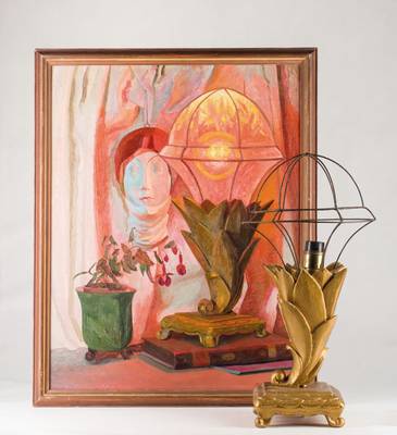 Franz Xaver Unterseher, 1888-1954, Stillleben mit Maske und Lampe, Acryl/Lwd, sign., dat. 1931, verso Nachlaßstempel, ca. 66x52 cm, Rahmen, dazu die ...