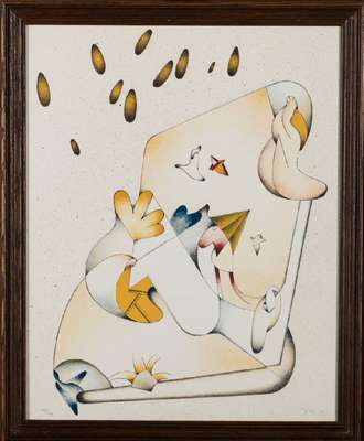 Jan Voss, geb. 1936 Hamburg, bunte Komposition, Lithographie, handsign., num. 164/250, dat. 74, ca. 50x40 cm, Rahmen