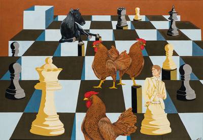 Dulli, zeitgenössischer Künstler, Schachbrett, Acryl/Lwd, sign., 70x100 cm, Rahmen