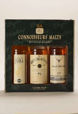 3 Flaschen Scotch Single Malt Whisky im Whyte & Mackay Set, 1x 10 years old Isle Of Jura Single Malt, 1x 15 years old The Bruichladdich Single Malt ...