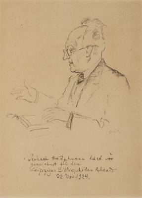 Emil Orlik, 1870-1932, Gerhart Hauptmann ließt vor, Lithografie, handsign., gezeichnet für den Leipziger Bibliophilen Abend 22. Nov. 1924, ca. ...