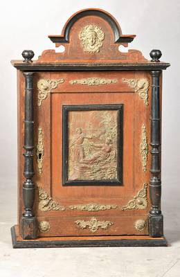 Wandschränkchen, Gründerzeit, deutsch, um 1880/90, 1-türig, Messingblechapplikationen, st. Alterssp., ca. 60x47x24 cm