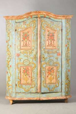 Bemalter Bauernschrank, sog. Spaltschrank, dat. 1793, wohl alpenländisch, Weichholz polychrom gefaßt, Fassung nur leicht abgefrischt, sehr ...