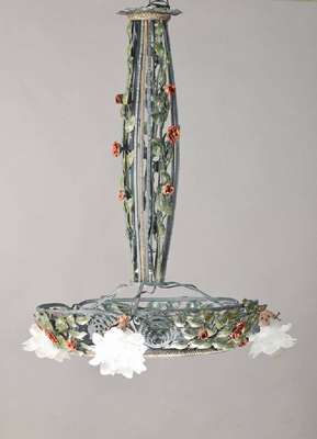 Jugendstil-Deckenlampe, deutsch, um 1910, Schmiedeeisern, 3 Brennstellen mit Schirmchen, diese wohl sek., abschließende Opalglasplatte, ...