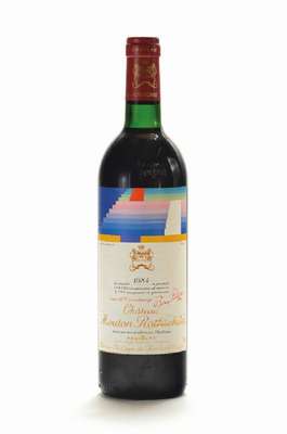 1 Flasche 1984 Chateau Mouton Rothschild, Pauillac, Premier Cru Classe, Künstleretikett: Agam, ca. 75 cl, Füllstand. ca. top shoulder, unverkostet, ...