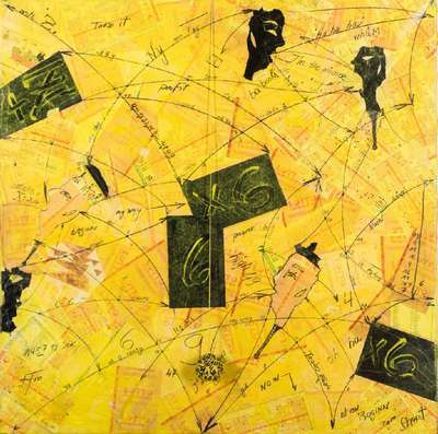 ZIMCON, geb. 1938 Hannover, Meisterschüler von A.R. Penck, hier: Lotto, Acryl/Collage/Lwd, mit Pendel, sign., verso betitelt, 80x80 cm