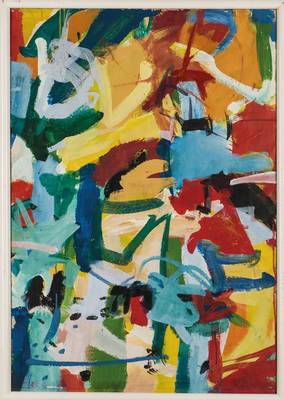 Roschinsky, zeitgenössischer Künstler, abstrakte Farbkomposition, Acryl/Lwd, verso sign., ca. 70x100 cm, Rahmen