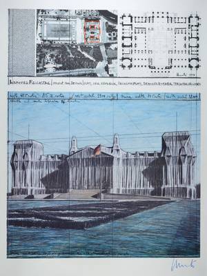 Christo und Jeanne-Claude, Wrapped Reichstag, Farboffset, handsigniert, ca. 100x70cm, unter Glas gerahmt