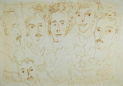 Rudi Baerwind, 1910-1982 Mannheim, Konvolut aus 3 Arbeiten: Filzstiftzeichnung: Porträts seiner Freunde, sign., dat. 1980, ca. 58x83cm,Holzschnitt: ...
