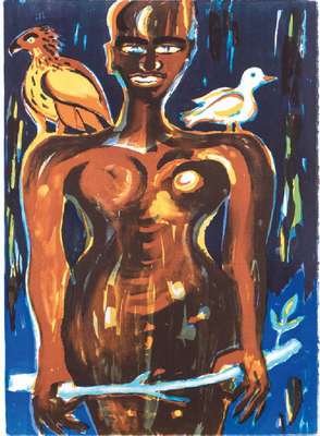 Elvira Bach, geb. 1951, Weiblicher Akt mit Adler und Eule, Farbserigraphie, dat. 1994, sign., num. 52/120, Blattgr. 75/55