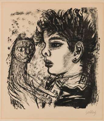 Karl Hubbuch, 1891-1979, Jüngling mit Katze, Lithografie, sign., Blattgr. 60x50 cm, gelblicher Rand