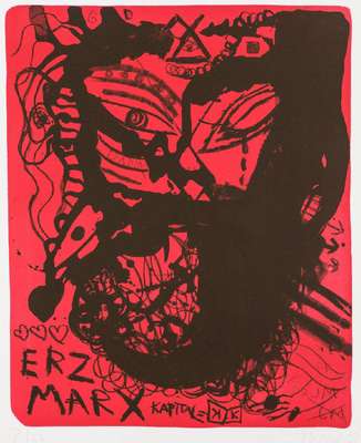 Jonathan Meese, geb. 1970, Karl Marx, Farblithografie auf Büttenpapier, handsign., num. 7/33, dat. 07, Blattgr. 75x55 cm