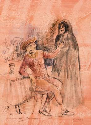 Werner Holz, 1948-1991, Skizze zu dem Theaterstück Jedermann, sign., dat. 77, Blattgr. 48x38 cm, unter Glas gerahmt