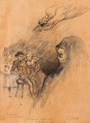 Werner Holz, 1948-1991, Jedermann sieht die Erscheinung, Skizze zu dem Theaterstück Jedermann, sign., dat. 77, Blattgr. 48x38 cm, unter Glas gerahmt