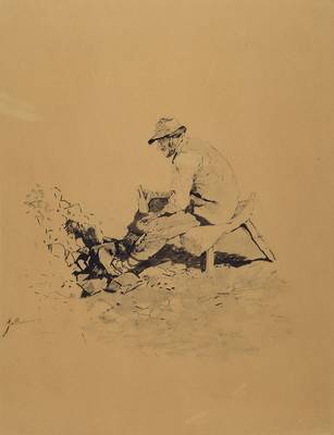 Gregor von Bochmann, 1850 Estland - 1930 Düsseldorf, hier: Bildhauer beim Bearbeiten von Holz oder Steinen, Tuschezeichnung, sign.,ca. 51 x 40 cm, ...