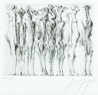 Günther Grass, 1927-2015, Radierung, 121/150, handsign., dat. 82, ca. 19,5 x 24 cm, unter Glas gerahmt, Rahmen leicht beschädigt