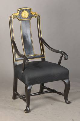 Armlehnstuhl, deutsch, um 1780, Holz schwarz gefaßt, Kanneluren und Ornamente vergoldet, stark restauriert, Teile sek., neu gepolstert u. bezogen, ...