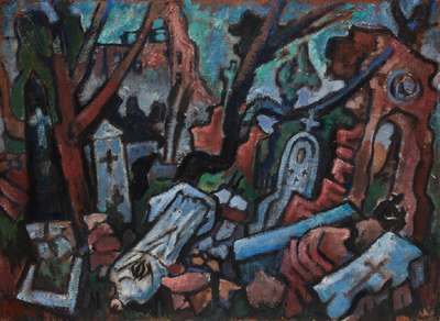 Alexander Rosenlehner, geb. 1912 Malang (Java), Der zerstörte Friedhof, verso Etikett betitelt, Acryl/Lwd, links unten monogrammiert, ca. 80x110cm