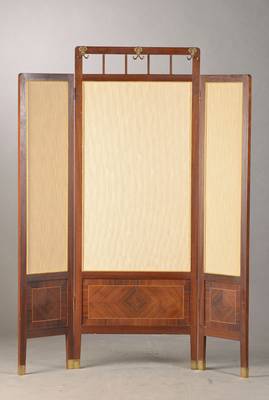 3-flügeliger Paravant, deutsch, um 1900, Palisander, einseitig dekorativ bezogen, Bandintarsien, Haken sek., selten kleines Format, ca. 165x127 cm