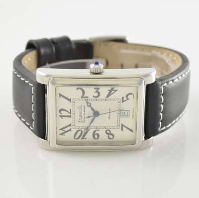 AUGUSTE RAYMOND rechteckige Herrenarmbanduhr in Stahl, Schweiz um 2010, Automatik, beids. Saphirvergl., Boden gedr., silb. Zifferbl. m. arab. Zahlen, ...