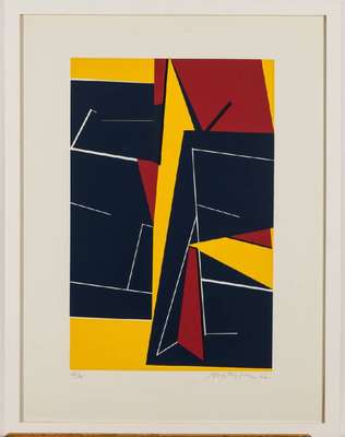 Prof. Richard Mortensen, 1910-1993, geometrische Komposition, Farbserigraphie, sign., dat. 62, num. 36/75, ca. 67x50 cm, unter Glas gerahmt