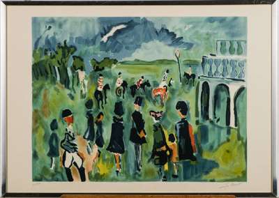 Jean-Claude Picot, geb. 1933, Reitturnier, Farblithografie, sign., num. 170/250, ca. 48x58 cm, unter Glas gerahmt