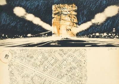 Christo, geb. 1935, Projekt für den Arc de Triomphe, Paris, 1970, Farblithografie, handsign., num. 164/300, Motiv ca. 44,5x64 cm, unter Glas ...
