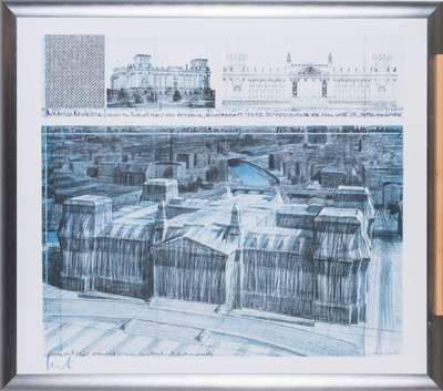 Christo, geb. 1935, Wrapped Reichstag, Farboffset, handsign., Blattgr. 70x80 cm, unter Glas gerahmt