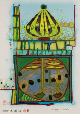 Friedensreich Hundertwasser, 1928-2000, HomoHumus Come Va, Farblithografie, sign., num. 2831/10001, 70x50 cm, unter Glas gerahmt