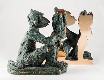 Jörg Immendorff, 1945-2007, Alter Ego - Das andere Ich, 1995, zweiteilige Bronzeskulptur mit grünlicher Patina, Innenflächen Bronze poliert, ...