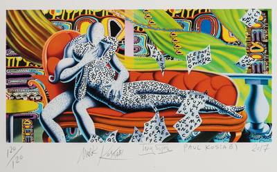 Mark Kostabi, Paul Kostabi, Tony Esposito, As time goes by, Farbserigraphie, von allen 3 Künstlern sign., dat. 2017, num. 120/120, Motiv ca. 22,5x45 ...