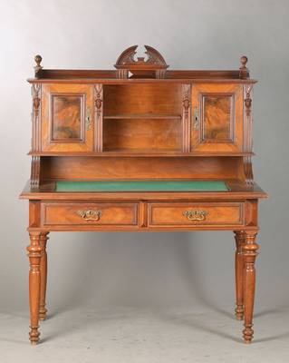 Aufsatzschreibtisch, Gründerzeit, deutsch, um 1870/80, Nussbaum furniert, Schreibtisch mitgedrechselten Beinen, 2-schübig, Scheibplatte bezogen, ...