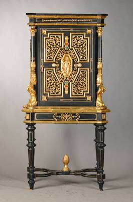 Kabinettschrank, nach Napoleon-III-Vorbild von1860-80, Ausführung neuzeitlich, Holz geschwärzt, 2-teilig, Aufsatz 1-türig mit ...