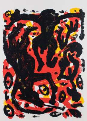 A. R. Penck, 1939-2017, Konzert, Farbserigraphie zur Ausstellung 1949 Köln, Blattgr. 89,5x65,5 cm, unter Glas gerahmt