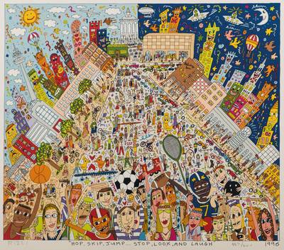 James Rizzi, 1950-2011, Hop, Skip, Jump... Stop, Look, and Laugh, Farblithografie, handsign., num. 467/600, dat. 1996, Blattgr. 43x47 cm, Provenienz: ...