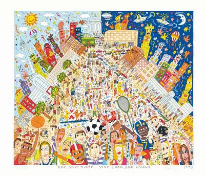 James Rizzi, 1950-2011, Hop, Skip, Jump... Stop, Look, and Laugh, Farblithografie, handsign., num. 469/600, dat. 1996, Blattgr. 43x47 cm, Provenienz: ...