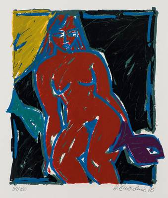 Heide Barthelmie, geb. 1952, Roter Akt, Farblithografie, handsign., dat. 86, num. 54/100, ca. 50x46 cm, unter Glas gerahmt