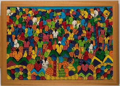 PHILIPPE, Haitianischer Künstler, Buntes Treiben, Acryl/Hartfaser, sign., 70x102 cm, Rahmen