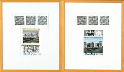 Christo und Jeanne Claude, Konvolut aus 2 Offset-Lithografien, je von beiden Künstlern handsign., darunter je 3 Teile a 5x5 cm des zur Verhüllung ...