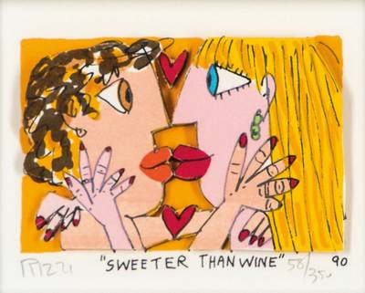 James Rizzi, 1950-2011, Sweeter than wine, 3D-Lithografie, handsign., num. 58/350, dat. 1990, 5x8 cm, unter Glas gerahmt