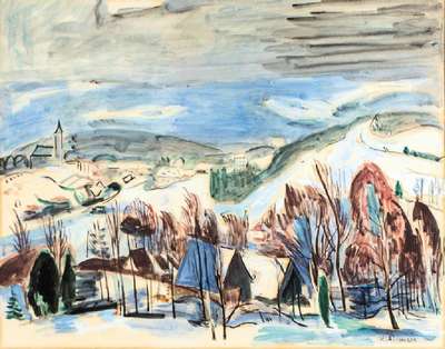 Hans Purrmann, 1880-1966, Winterlandschaft bei Schreiberhau, Aquarell/Zeichnung auf Papier, 1933/34, rechts unten handsigniert, Blattgr. 50x61,5 cm, ...