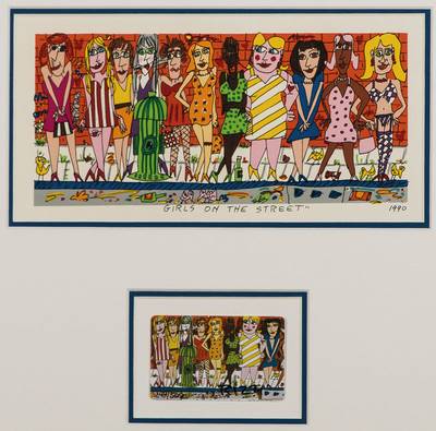 James Rizzi, 1950-2011, Girls on the street, Lithografie, dat. 1990, ca. 47x48 cm, darunter Telefonkarte, handsign., ca. 8,5x5,5 cm, unter Glas ...