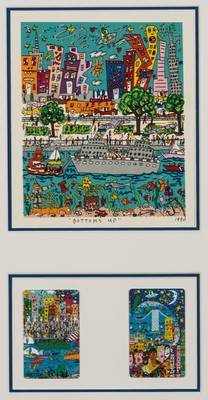 James Rizzi, 1950-2011, Bottoms up, Lithografie, 1990, ca. 18,5x15 cm, darunter 2 Telefonkarten handsign., num. 105/500, 77/500, je 8,5x5,5 cm, unter ...