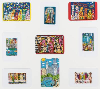James Rizzi, 1950-2011, 4 Postkarten, je handsign., 5 Telefonkarten, je handsign., teils nummeriert, als Arrangement unter Glas gerahmt