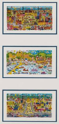 James Rizzi, 1950-2011, 3 x 3 Telefonkarten, je handsign., num., Telefonkarten je 8,5x5,5 cm, unter Glas gerahmt