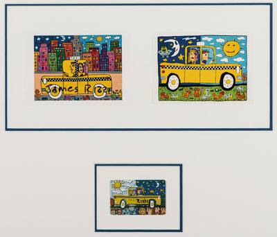 James Rizzi, 1950-2011, 2 Kunstpostkarten Yellow Cab, handsign., je 10x13,5 cm, darunter Telefonkarte, handsign., unter Glas gerahmt