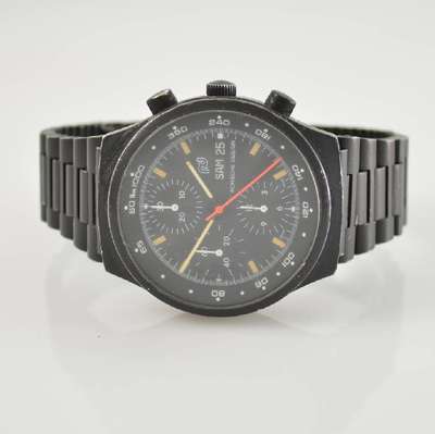 ORFINA/PORSCHE DESIGN Herrenarmbanduhr mit Chronograph, Schweiz um 1980, Automatik, verschr. Stahlgeh. mit orig. Gliederband, beides geschwärzt, ...