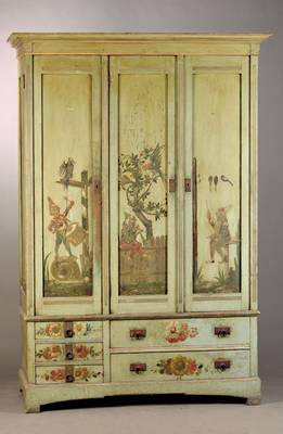 Bemalter Schrank, deutsch, um 1905, Weichholz bemalt, 3-türig, Unterteil asymmetrisch, 5-schübig, Alterserscheinungen, altersbedingte ...